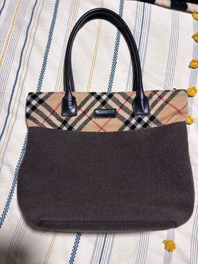 Burberry Vintage Blue Label Wool Tote with Leather Handles